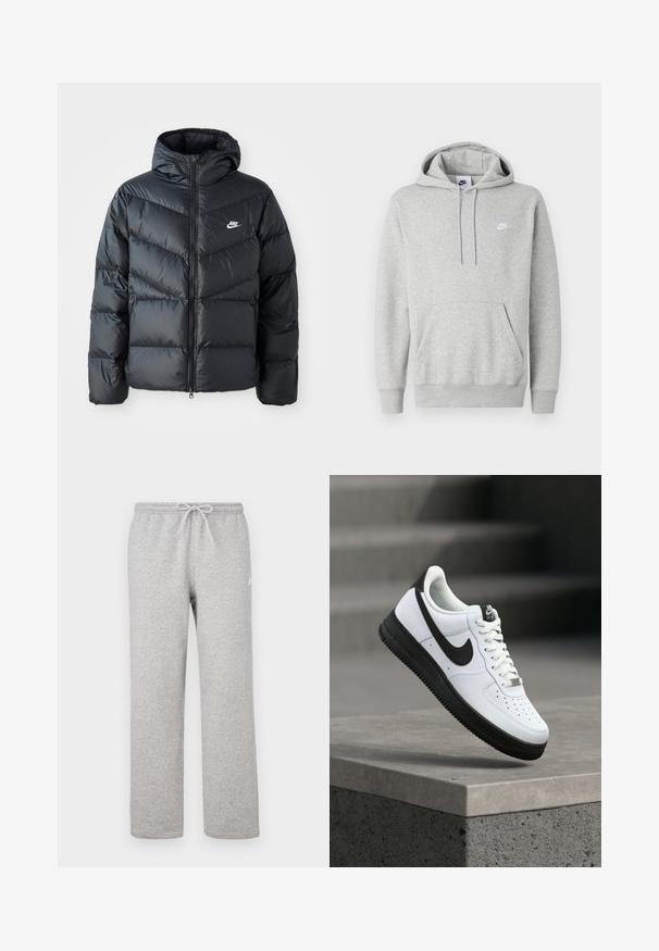 Chaqueta acolchada negra con capucha, con cierre de cremallera al frente, diseño de acolchado en forma de chevron, bolsillos laterales y logo de Nike en el pecho.; Sudadera con capucha de color gris claro hecha de tela suave, con un bolsillo tipo canguro, capucha con cordón y un pequeño logo blanco en el pecho.; Pantalones deportivos grises con cintura elástica y cordón ajustable. Fabricados con tela suave, cuentan con piernas rectas y un sutil detalle de logotipo.; Zapatilla deportiva de cuero blanco con detalles en negro, punta redondeada y detalles perforados. Suela de goma negra con patrón texturizado y cierre de cordones.
