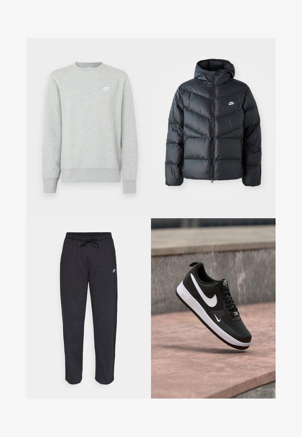 Zwarte pufferjack met capuchon, voorzien van een ritssluiting aan de voorkant, een chevron-quilt ontwerp, zijzakken en het Nike-logo op de borst.; Grijze sweatvest gemaakt van zacht fleece materiaal, met geribde manchetten en zoom, en een klein wit Nike-logo op de borst.; Zwarte sweatpants van zacht stof met een elastische tailleband, trekkoord en een klein Nike-logo op de linker bovenbeen.; Zwart-witte Nike Air Force 1 sneaker zwevend boven een roze betonnen oppervlak met een achtergrond van grijze stenen.
