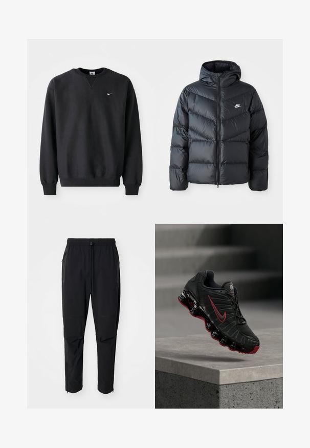 Chaqueta acolchada negra con capucha, con cierre de cremallera al frente, diseño de acolchado en forma de chevron, bolsillos laterales y logo de Nike en el pecho.; Sudadera negra de Nike con cuello redondo y mangas largas, con el icónico logo de swoosh en blanco en el pecho.; Pantalones de exterior negros, ligeros, con cintura elástica y cordón ajustable. Cuenta con bolsillos con cremallera y puños ajustados.; Zapatilla deportiva Nike negra y roja con suela visible tipo muelle, equilibrándose en el borde de un escalón de hormigón.