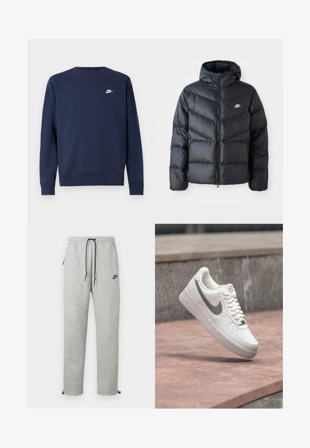 Schwarze Pufferjacke mit Kapuze, mit Reißverschluss vorne, Chevron-Steppdesign, Seiten Taschen und Nike-Logo auf der Brust.; Marineblauer Pullover aus weichem Stoff, mit rundem Ausschnitt und langen Ärmeln, mit kleinem weißem Nike-Logo auf der Brust.; Graue Nike Sweatpants mit einem Kordelzugbund, Seitentaschen und elastischen Bündchen. Sie haben eine glatte Textur und ein kontrastierendes schwarzes Logodetail.; Weißer Nike Air Force 1 Sneaker mit grauem Swoosh-Logo, der über einer Steinoberfläche und einem grauen Steinwandhintergrund schwebt.