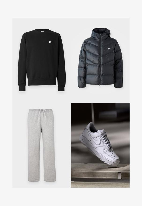 Sort dunjakke med hætte, der har lynlås foran, chevron quiltet design, sidelommer og Nike-logo på brystet.; Sort sweatshirt lavet af bomuld med rund hals, lange ærmer og et lille hvidt Nike-logo på øverste venstre bryst.; Grå joggingbukser med elastisk talje og snor. Fremstillet af blødt stof, de har lige ben og diskret logodetalje.; Hvid læder Nike Air Force 1 sneaker med perforeret tå, flade snørebånd og tekstureret gummisål med "AIR" branding på siden.