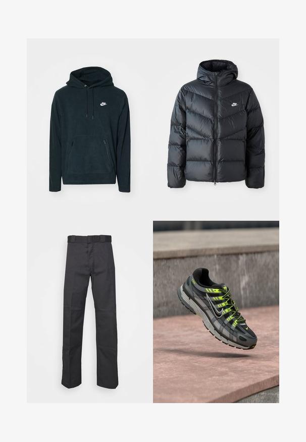 Schwarze Pufferjacke mit Kapuze, mit Reißverschluss vorne, Chevron-Steppdesign, Seiten Taschen und Nike-Logo auf der Brust.; Schwarzer Fleece-Hoodie mit einer vorderen Kängurutasche und zwei seitlichen Reißverschlusstaschen. Enthält eine Kapuze mit Kordelzug und ein weißes Nike-Logo.; Schwarze Hose aus strapazierfähigem Material, mit geradem Bein, einem Bund mit Gürtelschlaufen und Nähten für zusätzlichen Textur.; Schwarzer und grauer Nike P-6000 Sneaker mit neongelben Akzenten und Schnürsenkeln, der über einer pinkfarbenen Betonoberfläche schwebt.