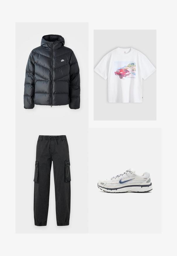 Must must vilakapp, millel on kapuuts, esiosal on lukuga kinnitamine, chevroni õmblusmustri disain, küljetaskud ja Nike logo rinnal.; Valge T-särk, millel on punane Levi’s logoga vintage-auto, mis on pargitud rannikulinna lähedal, taustal on mäed ja hooned.; Mustad mustad püksid tekstureeritud kangast, elastse vöökoha ja paelaga. Omab küljetaskuid ja elastseid varrukate otsi pahkluude juures.; Nike Sportswear P 6000 - Tossud - phantom/obsidian/summit white/white/black/metallic silver