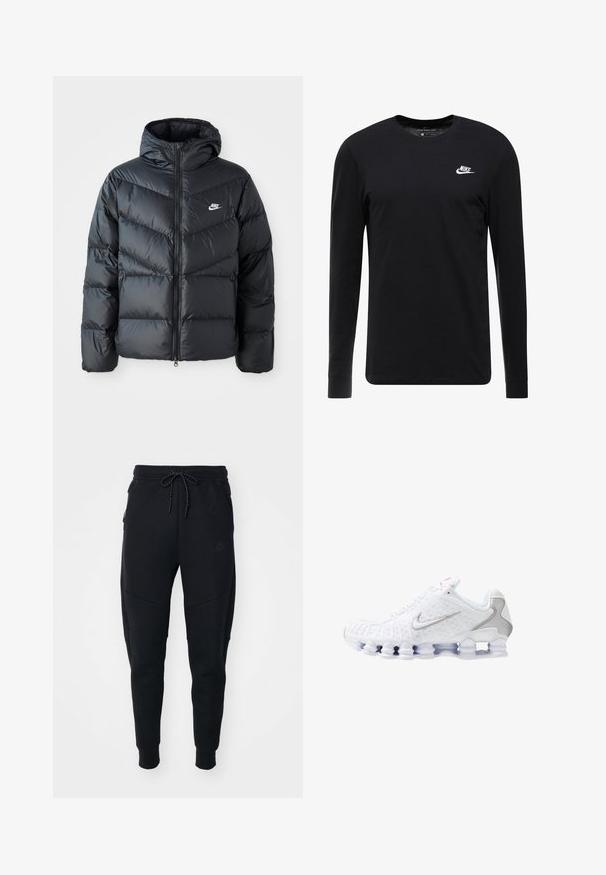 Sort dunjakke med hætte, der har lynlås foran, chevron quiltet design, sidelommer og Nike-logo på brystet.; Sort langærmet T-shirt lavet af bomuld, med rund hals, ribbede manchetter og et lille hvidt Nike-logo på brystet.; Sorte joggere lavet af blødt stof, med snoretræk i taljen, smalle ben og sidelommer med et elegant design.; Hvide sportssko med en tekstureret overdel, en sølvfarvet swoosh-logo, meshpaneler og en karakteristisk opdelt hvid sål.