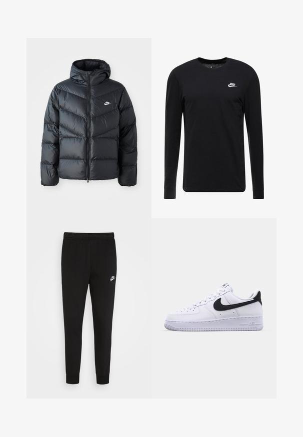Schwarze Pufferjacke mit Kapuze, mit Reißverschluss vorne, Chevron-Steppdesign, Seiten Taschen und Nike-Logo auf der Brust.; Schwarzes Langarm-T-Shirt aus Baumwolle, mit Rundhalsausschnitt, gerippten Bündchen und kleinem weißen Nike-Logo auf der Brust.; Schwarze Sweatpants aus weichem Stoff, ausgestattet mit einem elastischen Bund und eng anliegenden Bündchen, mit einem kleinen weißen Nike-Logo auf dem linken Oberschenkel.; Weißes Leder-Sneaker mit einem strukturierten schwarzen Swoosh, flachen Schnürsenkeln und einer Gummisohle mit genoppetem Muster. "AIR" ist auf der Ferse eingeprägt.