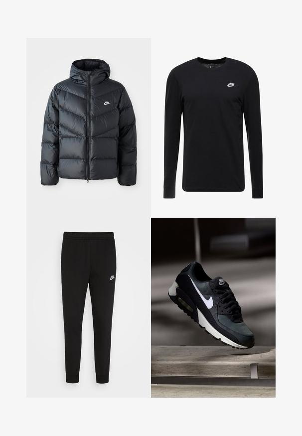 Schwarze Pufferjacke mit Kapuze, mit Reißverschluss vorne, Chevron-Steppdesign, Seiten Taschen und Nike-Logo auf der Brust.; Schwarzes Langarm-T-Shirt aus Baumwolle, mit Rundhalsausschnitt, gerippten Bündchen und kleinem weißen Nike-Logo auf der Brust.; Schwarze Sweatpants aus weichem Stoff, ausgestattet mit einem elastischen Bund und eng anliegenden Bündchen, mit einem kleinen weißen Nike-Logo auf dem linken Oberschenkel.; Schwarzer und grauer Nike Air Max Sneaker mit weißem Swoosh, schwebend über einer Betonfläche vor einem verschwommenen dunklen Hintergrund.
