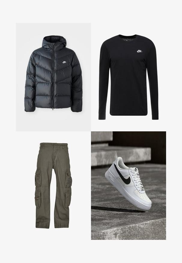 Chaqueta acolchada negra con capucha, con cierre de cremallera al frente, diseño de acolchado en forma de chevron, bolsillos laterales y logo de Nike en el pecho.; Camiseta negra de manga larga de algodón, con cuello redondo, puños acanalados y un pequeño logo blanco de Nike en el pecho.; Pantalones cargo de algodón verde oliva, con múltiples bolsillos laterales, un corte holgado y costuras reforzadas para mayor durabilidad.; Zapatilla blanca Nike Air Force 1 con el logo Swoosh negro, cordones atados, posicionada en el aire sobre una superficie de concreto texturizado al aire libre.