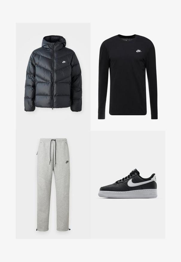 Črna pufast jakna z kapuco, z zadrgo spredaj, z vročenim chevron vzorcem, stranskimi žepi in logotipom Nike na prsih.; Črna dolga majica s dolgimi rokavi iz bombaža, s krožnim ovratnikom, rebrastimi manšetami in majhnim belim logotipom Nike na prsih.; Sive Nike trenirke z vrvico v pasu, stranskimi žepi in elastičnimi manšetami. Imajo gladko teksturo in kontrastne črne podrobnosti z logotipom.; Črne usnjene teniske z teksturirano površino, bele Nikejeve zmage, sivo podplato, okroglo konico in vezalno zasnovo. Imajo perforacije na prednjem delu.