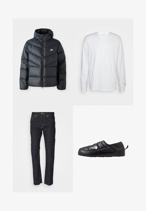 Schwarze Pufferjacke mit Kapuze, mit Reißverschluss vorne, Chevron-Steppdesign, Seiten Taschen und Nike-Logo auf der Brust.; Weißes Langarm-T-Shirt aus Baumwolle. Rundhals-Design mit gerippten Bündchen und kleinem Logo auf dem linken Ärmel. Glatte Textur.; Dunkelblaue Jeans aus Denim mit geradem Schnitt, ausgestattet mit einem Knopfverschluss, fünf Taschen und goldenen Nähtelementen. Glatte Textur.; Schwarzer Slipper mit gestepptem Design, aus gepolstertem Material gefertigt. Verfügt über eine strukturierten Gummisohle und eine kleine Lasche hinten.