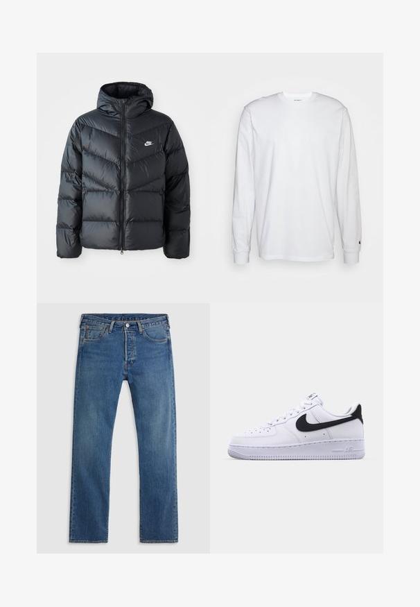 Čierna prešívaná bunda s kapucňou, disponujúca zipsovým uzáverom, dizajnom v tvare chevronu, bočnými vreckami a logom Nike na hrudi.; Biela dlhá bavlnená tričko s dlhým rukávom. Dizajn s okrúhlym výstrihom a rebrovanými manžetami, malá nášivka na ľavom rukáve. Hladká textura.; Modré rovné džíny z denimu s piatimi vreckami, pútkami na opasok a predným zapínaním na gombík a zips na jednofarebnom pozadí.; Biele kožené tenisky s textúrovaným čiernym Swooshom, plochými šnúrkami a gumovou podrážkou s ryhovaným vzorom. Na päte je embosovaný nápis "AIR".