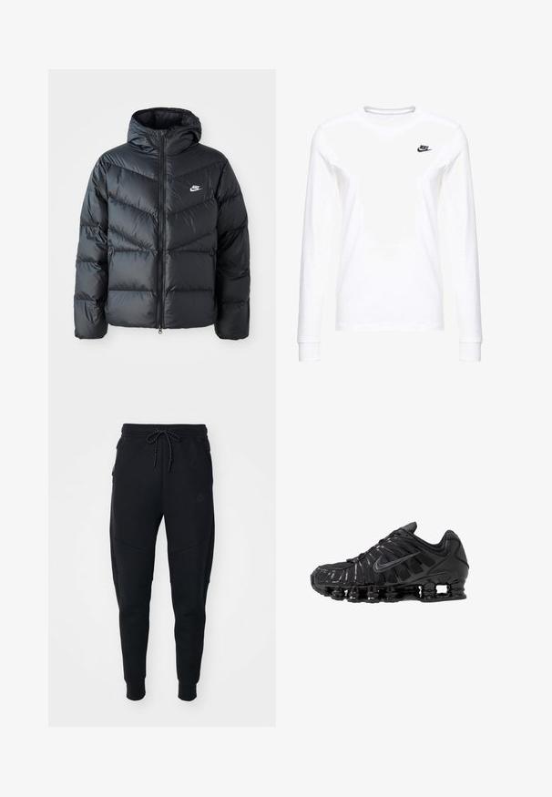Sort dunjakke med hætte, der har lynlås foran, chevron quiltet design, sidelommer og Nike-logo på brystet.; Hvid langærmet T-shirt lavet af bomuld, med et lille sort Nike-logo på venstre bryst og en rund halsudskæring. Glat tekstur.; Sorte joggere lavet af blødt stof, med snoretræk i taljen, smalle ben og sidelommer med et elegant design.; Sorte atletikskoser lavet af mesh og syntetiske materialer, med et karakteristisk bølget design, sort gummisål og reflekterende detaljer.