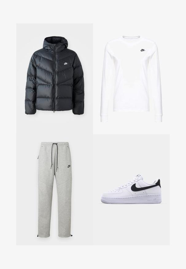 Zwarte pufferjack met capuchon, voorzien van een ritssluiting aan de voorkant, een chevron-quilt ontwerp, zijzakken en het Nike-logo op de borst.; Witte lange mouwen T-shirt van katoen, met een klein zwart Nike-logo op de linkerkant van de borst en een ronde halslijn. Gladde textuur.; Grijze Nike trainingsbroek met een verstelbare tailleband, zijzakken en elastische boorden. Heeft een soepele textuur en contrasterende zwarte logo-details.; Witte leren sneaker met een gestructureerde zwarte Swoosh, platte veters en een rubberen zool met een geribbeld patroon. "AIR" is in de hak geperst.
