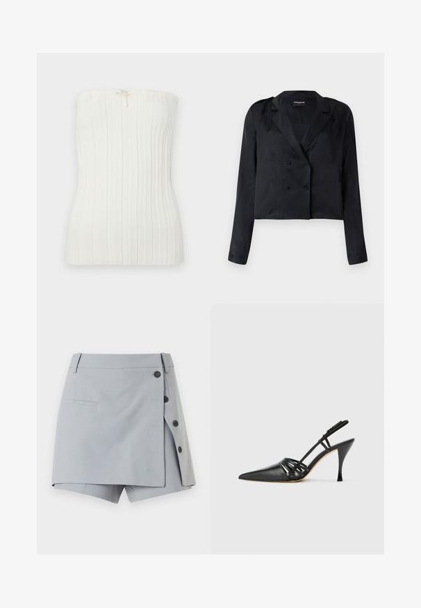 Hvid ribbet strikket strapless top med en lille bundet sløjfe detalje i midten af den øverste kant.; Sort croppet blazer med satinfinish, dobbeltradede knapper, hakket krave og lange ærmer. Har en glat tekstur og et minimalistisk design.; Lysegrå skræddersyede shorts med et overlappende frontpanel, der er fastgjort med fire sorte knapper på højre side og en enkelt paspoleret lomme.; Sort læder højhælede slingback-sko med spids tå, crisscross-remdesign og slank stiletto-hæl. Glat tekstur og minimale accenter.