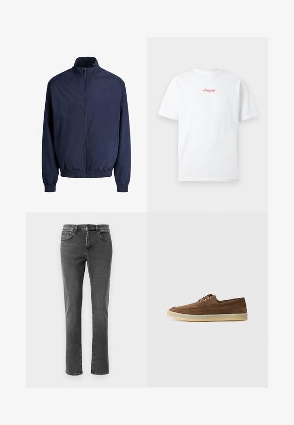 Donkerblauwe jas met ritssluiting, opstaande kraag, elastische manchetten en tailleband, voorzakken, weergegeven op een witte achtergrond.; Witte T-shirt met korte mouwen en rode tekst "Utopia" gecentreerd op de borst tegen een effen grijze achtergrond.; Zwarte rechte denim jeans met voor- en achterzakken, ritssluiting en knoopsluiting op een gewone witte achtergrond.; Bruine suede schoenen met een laag profiel, vetersluiting, rubberen zool en contrasterende stiksels. Eenvoudige en functionele stijl.