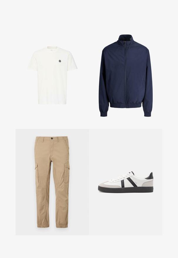 Donkerblauwe jas met ritssluiting, opstaande kraag, elastische manchetten en tailleband, voorzakken, weergegeven op een witte achtergrond.; Witte T-shirt met korte mouwen van katoen, met een klein zwart geometrisch logo op de linkerborst. Rechte snit en ronde hals.; Beige cargobroek met elastische boorden, klepzakken op de dijen, zijzakken en een knoopsluiting in de taille.; Witte sneaker met zwarte en grijze accenten, voorzien van een grijze neus met textuur, zwarte rubberen zool en platte witte veters. Schoon ontwerp, minimalistische stijl.
