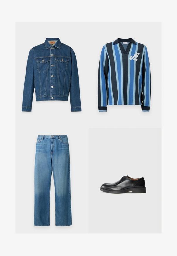 Veste en denim bleu à manches longues, boutons argentés sur le devant, deux poches poitrine boutonnées et un col sur un fond uni.; Polo en tricot à manches longues avec rayures verticales bleu et marine, col marine et initiales blanches stylisées sur la poitrine gauche.; Jean large en denim bleu clair. Présente une taille mi-haute, un design à cinq poches et un effet délavé avec des coutures visibles.; Chaussure de ville en cuir noir avec un bout arrondi, surface lisse, détails en dentelle et une semelle en caoutchouc texturée basse. Lignes épurées et design minimal.