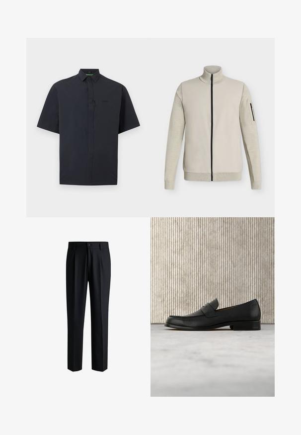 Veste beige à fermeture éclair intégrale avec col, poignets et ourlet côtelés, équipée d'une poche zippée sur la manche gauche.; Chemise noire à manches courtes avec patte de boutonnage cachée et col pointu, présentée sur fond blanc.; Pantalons noirs en tissu lisse, avec une coupe droite, des plis à l'avant et une fermeture à bouton avec passants de ceinture.; Mocassin en cuir noir flottant au-dessus d'un tapis beige avec une table ronde brune brillante en arrière-plan.