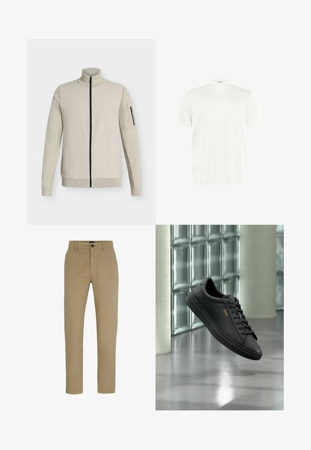 Beige jas met een volledig rits, geribde kraag, manchetten en zoom, met een ritssluitingzak op de linkermouw.; Witte T-shirt met ronde hals gemaakt van zachte stof. Korte mouwen, zonder patronen. Eenvoudig ontwerp met een rechte zoom en minimale details.; Beige katoenen chinos met een slim fit, platte voorkant en een knoopsluiting. Voorzien van ceintuurlussen en zijzakken voor functionaliteit.; Zwarte lage leren sneaker met zwarte veters en gouden BOSS-logo aan de zijkant, zwevend boven glanzende grijze vloer in een moderne binnenruimte.