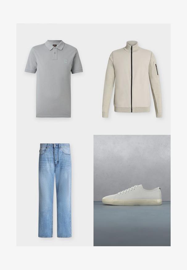 Veste beige à fermeture éclair intégrale avec col, poignets et ourlet côtelés, équipée d'une poche zippée sur la manche gauche.; Polo gris clair à manches courtes avec deux boutons, un col, et un petit logo embossé sur la poitrine gauche.; Jean droit en denim bleu clair avec fermeture par bouton et zip, poches avant et arrière, et passants de ceinture à la taille.; Baskets en cuir blanc avec lacets flottant au-dessus de carreaux en bois carrés et de petits cailloux, avec un arbre et un fond gris.