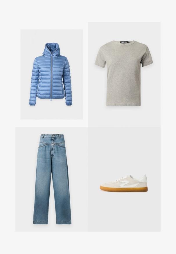 Veste matelassée bleu clair avec capuche et fermeture éclair devant, présentée sur un fond clair uni.; T-shirt en coton gris clair à manches courtes et col rond avec une étiquette noire visible à l'intérieur du col indiquant "DENIM" et la taille "S."; CLOSED DENI - Wide Leg - mid blue; Baskets en daim beige avec des accents en cuir blanc, semelle en caoutchouc naturel et bout rond. Présente un design distinct en forme de virgule sur le côté.