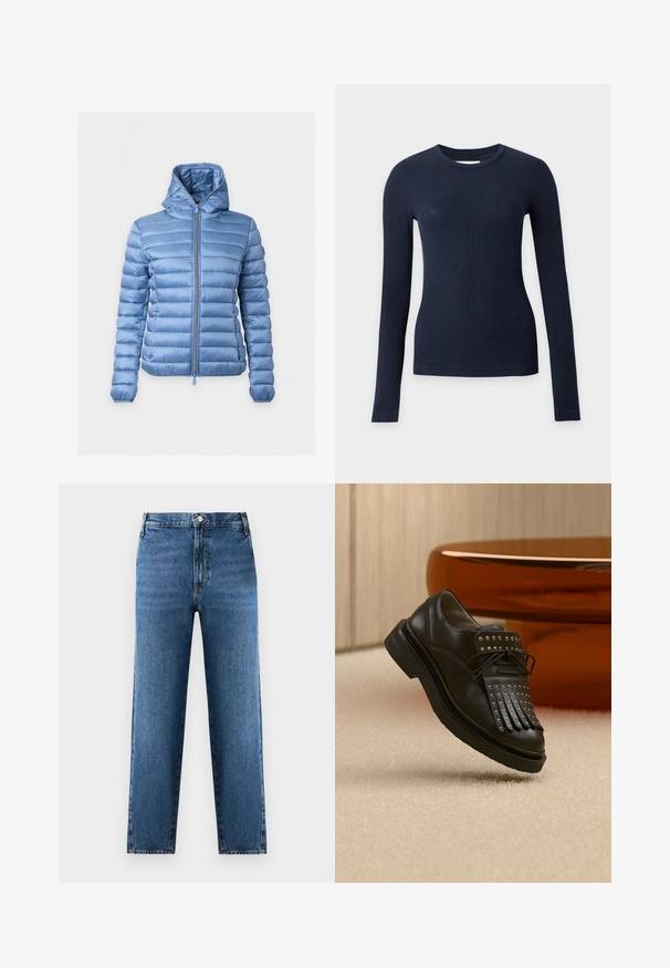 Veste matelassée bleu clair avec capuche et fermeture éclair devant, présentée sur un fond clair uni.; Pull ajusté bleu marine côtelé à manches longues avec col rond sur fond gris clair.; Jean droit bleu à taille haute, fabriqué en denim. Présente une fermeture à bouton et zip à l'avant, avec un léger délavage sur le tissu.; Chaussure en cuir noire à lacets avec franges décoratives et clous métalliques posée sur un tapis beige près d'un meuble marron.