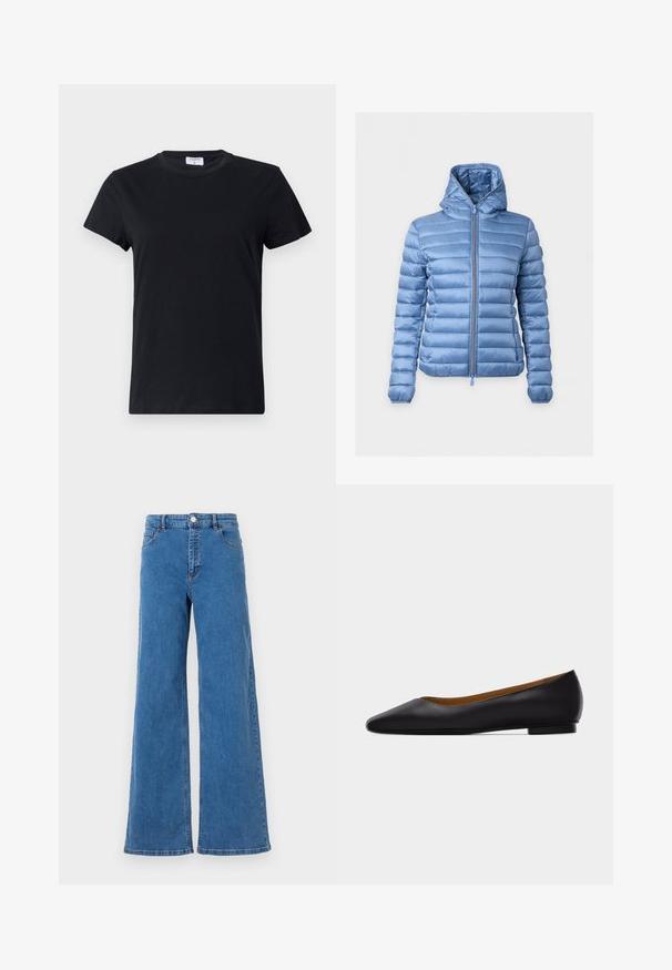 Veste matelassée bleu clair avec capuche et fermeture éclair devant, présentée sur un fond clair uni.; T-shirt noir à manches courtes en coton, avec un col rond et une texture simple et lisse, sans motif imprimé ni accents.; Jean en denim bleu à jambes larges, taille haute, avec poches avant et fermeture à bouton. Le tissu a une texture lisse et un motif de couture classique.; Chaussure plate en cuir noir à bout pointu avec talon bas et finition lisse, vue de côté sur un fond gris clair.