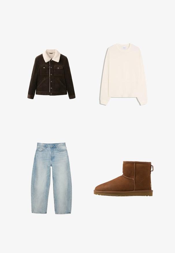 Veste en velours côtelé marron avec un col en sherpa blanc, comprenant deux poches poitrine, des poches latérales et des fermetures éclair à pression à l'avant.; Sweatshirt à manches longues de couleur crème avec un col rond, des poignets côtelés et un ourlet légèrement raccourci. Fabriqué en coton doux.; Jean en denim bleu clair à jambes larges avec poches avant, passants pour ceinture et fermeture par bouton.; Bottines en daim marron avec un bout arrondi, des accents cousus et une semelle en caoutchouc. Présente un tirette à l'arrière pour un enfilage facile.