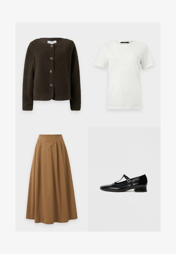 Brun fleecejakke med rund halsudskæring, frontknaplukning og sidelommer. Blød tekstur og let cropped design.; Simpel hvid T-shirt med korte ærmer og rund hals med lige kant, vist fladt mod en lys baggrund.; Brun bomulds A-linjeet nederdel med høj talje, præget af læg foran og en glat tekstur. Endeafslutningerne er enkle og rene.; Sorte Mary Jane-sko i læder med spids tå, lille blokhæl og justerbar rem med sølvspænde. Glat, blank tekstur.