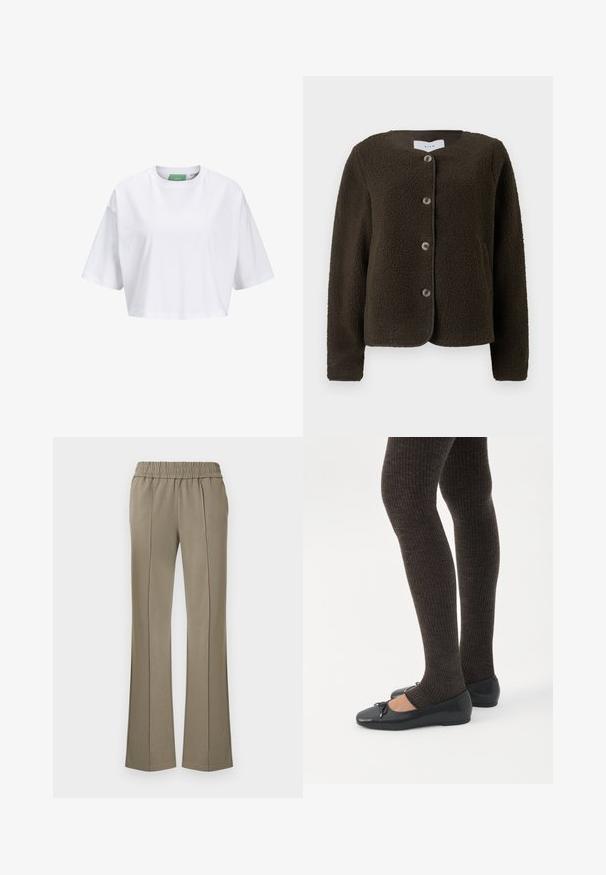 Brun fleecejakke med rund halsudskæring, frontknaplukning og sidelommer. Blød tekstur og let cropped design.; Hvid cropped t-shirt lavet af bomuld, med korte ærmer og rund hals. Grøn label indeni med synligt mærkenavn.; Lysebrune, elastiske bukser med elastik i taljen, med syninger foran og udvidede ben, lavet af blødt materiale med en glat tekstur.; Ben iført mørke ribbede leggings kombineret med sorte balletsko med små sløjfedetaljer på hvid baggrund.