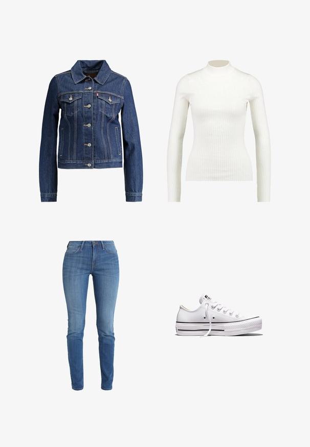 Dunkelblaue Jeansjacke mit Kragen, Knopfleiste und zwei Brusttaschen. Mit gelben Nähten und einem kürzeren Design.; Gestreiftes, weißes Langarm-Turtleneck-Oberteil mit tailliertem Design und glatter Textur, das einen hohen Kragen und eine schmale Silhouette aufweist.; Schlanke Jeans aus hellblauem Denim mit einem leichten Verblassen, Fünf-Taschen-Design und einem Reißverschluss mit Knopfverschluss.; Weißer Sneaker aus Segeltuch mit niedrigem Schnitt, weißen Schnürsenkeln, Gummisohle, schwarzen Streifendetails und Logopatch auf der Zunge und Ferse.