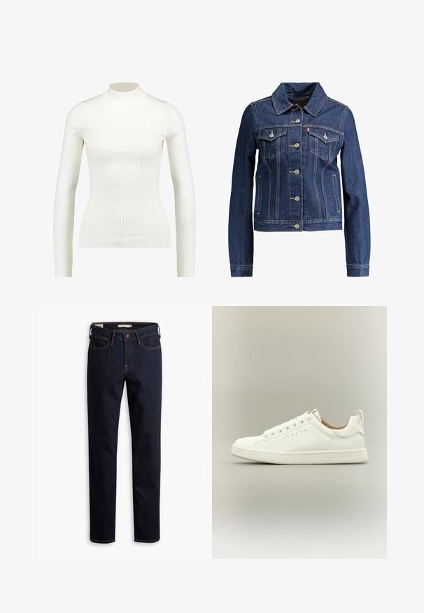 Veste en denim bleu foncé avec un col, un devant à boutons et deux poches poitrine. Présente des coutures jaunes et un design cropped.; Haut à col roulé long à manches longues en blanc côtelé, au design ajusté et à la texture lisse, avec un col haut et une silhouette élancée.; Jean droit bleu foncé avec fermeture par bouton et zip, poches avant et arrière, et coutures contrastantes.; Baskets blanches basses avec lacets, détails perforés sur les côtés et languette au talon, sur fond neutre.