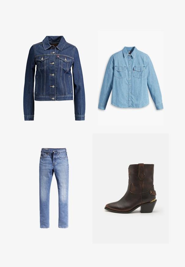 Donkerblauwe denimjas met een kraag, knopen aan de voorkant en twee borstzakken. Voorzien van gele stiksels en een cropped ontwerp.; Lichtblauwe spijker blouse met lange mouwen, puntige kraag, twee borstzakken, knoopsluiting en subtiele textuur. Geen zichtbare patronen.; Lichtblauwe denim jeans met een rechte pasvorm, vijf zakken en contrasterende stiksels. De stof lijkt licht vervaagd.; Bruine leren cowboylaars met een puntenneus en gestapelde hak. Voorzien van een decoratief ruitpatroon en een riem met hardware accent.