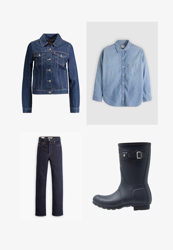 Mørkeblå denimjakke med krave, knapfront og to brystlommer. Har gul syning og et cropped design.; Lyseblå denimskjorte med button-down-krave, forlompe og lange ærmer. Har en buet kant og en subtil tekstur.; Mørkeblå straight-leg denim jeans med fem lommer og synlig orange syning på hvid baggrund.; Sort gummistøvle med rund tå, struktureret sål og justerbar remdetalje. Glat overflade med mat finish.