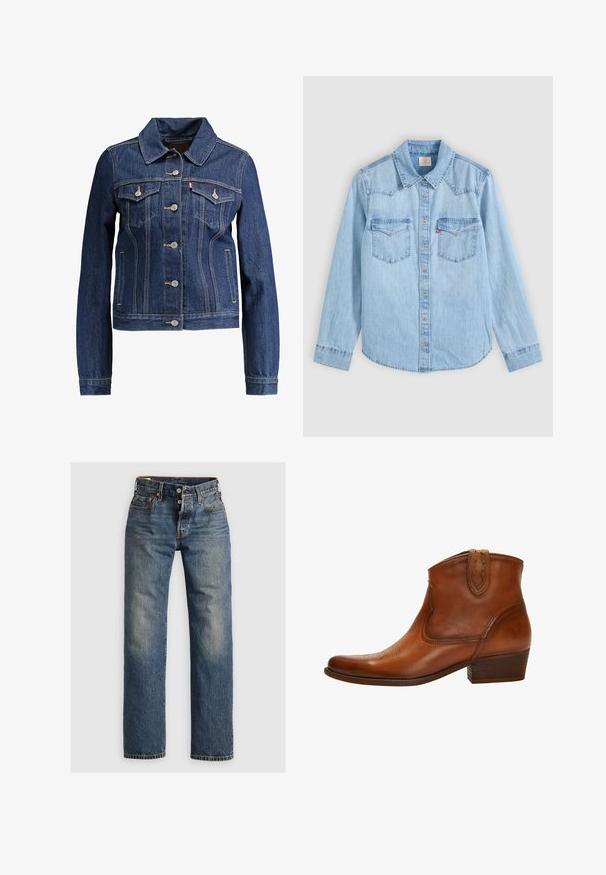 Dunkelblaue Jeansjacke mit Kragen, Knopfleiste und zwei Brusttaschen. Mit gelben Nähten und einem kürzeren Design.; Hellblaues Jeanshemd mit langen Ärmeln, Knopfleiste, zwei Brusttaschen mit Klappen und einem klassischen spitzen Kragen vor grauem Hintergrund.; Blaue Denim-Jeans mit geradem Bein, ausgestattet mit sichtbaren Nähten, einem Reißverschluss und fünf Taschen. Ausgewaschene Stellen sorgen für Textur.; Braune Leder-Stiefelette mit spitzer Zehenform, dekorativer Naht und niedrigem, gestapeltem Absatz; verfügt über einen mittelhohen Schaft und Zuglaschen.