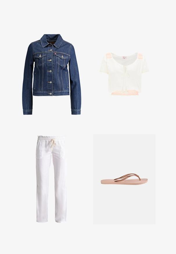 Donkerblauwe denimjas met een kraag, knopen aan de voorkant en twee borstzakken. Voorzien van gele stiksels en een cropped ontwerp.; Witte cropped blouse met korte mouwen, vooraan met strik en lichtroze geborduurde details op schouders en zoom.; Witte linnen broeken met een relaxte pasvorm, elastische tailleband en trekkoord. Voorzien van twee zijzakken en een gladde textuur.; Enkel lichtroze teenslipper met een textuurrijke zool en metalen rosegouden Y-vormige bandjes op een effen achtergrond.