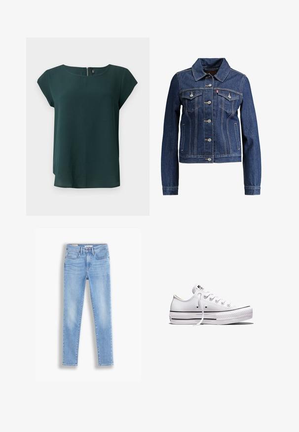 Veste en denim bleu foncé avec un col, un devant à boutons et deux poches poitrine. Présente des coutures jaunes et un design cropped.; Blouse manches courtes vert foncé à col rond avec fermeture éclair au dos, présentée sur un fond blanc uni.; Jean en denim bleu clair à coupe slim, comprenant cinq poches, une fermeture à bouton et à glissière, et un léger délavage le long des jambes.; Baskets basses en toile blanche avec lacets blancs, semelle en caoutchouc, détails à rayures noires, et écusson logo sur la languette et le talon.