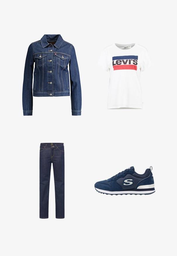 Chaqueta de denim azul oscuro con cuello, cierre de botones y dos bolsillos en el pecho. Presenta costuras amarillas y un diseño corto.; Camiseta de algodón blanca con mangas cortas y cuello redondo, que presenta un diseño central del logo de Levi's en azul, rojo y negro.; Vaqueros ajustados de mezclilla azul oscuro con cinco bolsillos y costuras de contraste visibles, cierre de botón en la cintura.; Zapatilla deportiva azul marino con materiales de ante y malla, que presenta un logo plateado prominente, parte superior texturizada y una media suela blanca.