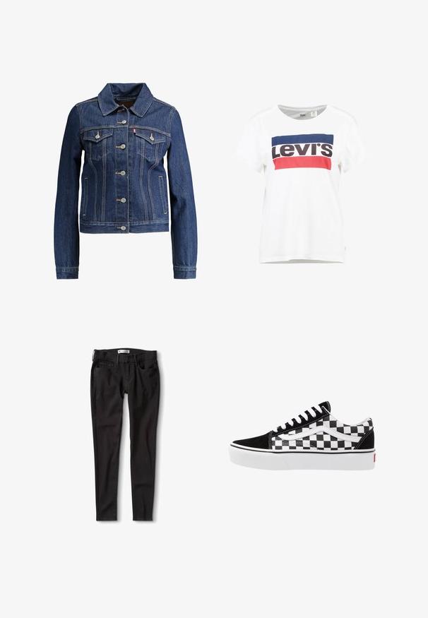 Donkerblauwe denimjas met een kraag, knopen aan de voorkant en twee borstzakken. Voorzien van gele stiksels en een cropped ontwerp.; Witte katoenen t-shirt met korte mouwen en een ronde hals, met een centraal ontwerp van het Levi's-logo in blauw, rood en zwart.; Zwarte denim jeans met een rechte pasvorm, voorzien van een standaard tailleband, riemlussen en twee voorzakken. Glad textuur, minimale hardware.; Zwart-wit geblokte canvas sneakers met zwarte suède accenten, witte veters en rubberen zool. Het logo aan de zijkant heeft een contrasterend ontwerp.
