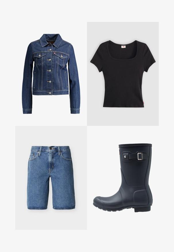 Donkerblauwe denimjas met een kraag, knopen aan de voorkant en twee borstzakken. Voorzien van gele stiksels en een cropped ontwerp.; Zwarte top met korte mouwen van ribstof, met een brede vierkante halslijn en een aansluitende pasvorm, voorzien van een klein rood logo-label aan de onderrand.; Blauwe denim korte broek tot op de knie met een knoopsluiting en rits aan de voorkant, steekzakken aan de voorkant en riemlussen, afgebeeld tegen een effen lichte achtergrond.; Zwarte rubberen regenlaars met een ronde neus, textuurzool en verstelbaar riempje. Gladde oppervlakte met een matte afwerking.