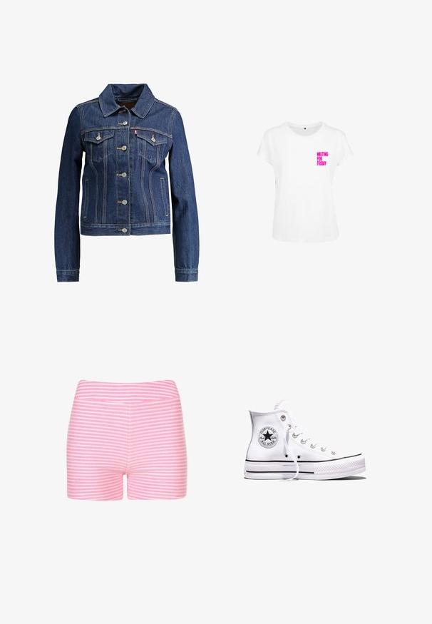 Mørkeblå denimjakke med krave, knapfront og to brystlommer. Har gul syning og et cropped design.; Hvid bomulds t-shirt med korte ærmer, der har klar pink tekst "VENTER PÅ FREDAG" på venstre brystområde. Rund halsudskæring.; Lyserøde og hvide stribede shorts lavet af blødt stof. Har et tætsiddende design og en glat talje med ingen ekstra detaljer eller hardware.; Hvid Converse Chuck Taylor All Star højt snøresko med sorte striber og logoemblem på siden, vist mod en ensfarvet hvid baggrund.