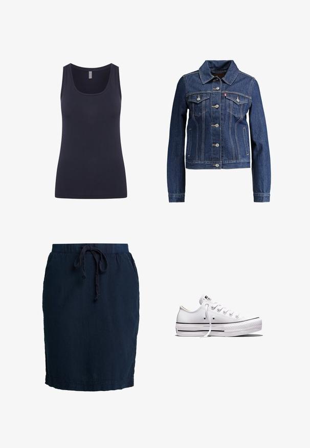 Dunkelblaue Jeansjacke mit Kragen, Knopfleiste und zwei Brusttaschen. Mit gelben Nähten und einem kürzeren Design.; Marineblaue Tank-Top mit rundem Ausschnitt und breiten Tragriemen, aus glattem, dehnbarem Stoff gefertigt. Einfaches Design ohne Muster oder Verzierungen.; Marineblaue Rock mit elastischem Bund und verstellbarem Kordelzug. Hergestellt aus leichtem Stoff, mit einem mittellangen Schnitt und seitlichen Nähten.; Weißer Sneaker aus Segeltuch mit niedrigem Schnitt, weißen Schnürsenkeln, Gummisohle, schwarzen Streifendetails und Logopatch auf der Zunge und Ferse.