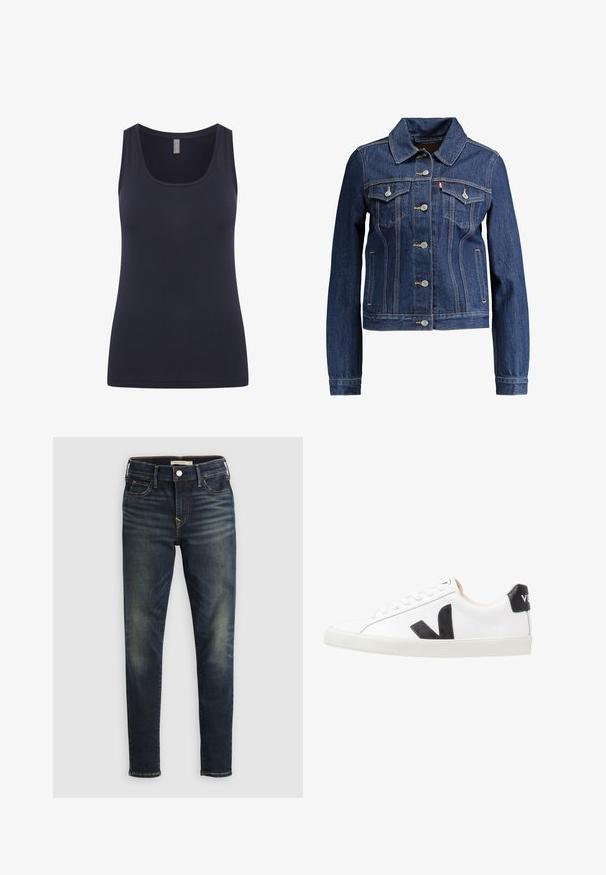 Chaqueta de denim azul oscuro con cuello, cierre de botones y dos bolsillos en el pecho. Presenta costuras amarillas y un diseño corto.; Tirantes de color azul marino con escote redondeado y tirantes anchos, fabricado en tejido suave y elástico. Diseño simple sin patrones ni acentos.; Vaqueros ajustados de color azul oscuro con desgaste en los muslos y las rodillas, diseño de cinco bolsillos, cierre de botón y trabillas para cinturón.; Zapatilla blanca con un logo en V negro, con una parte superior de cuero liso, puntera redonda, cierre de cordones y una lengüeta en el talón de color negro en contraste.