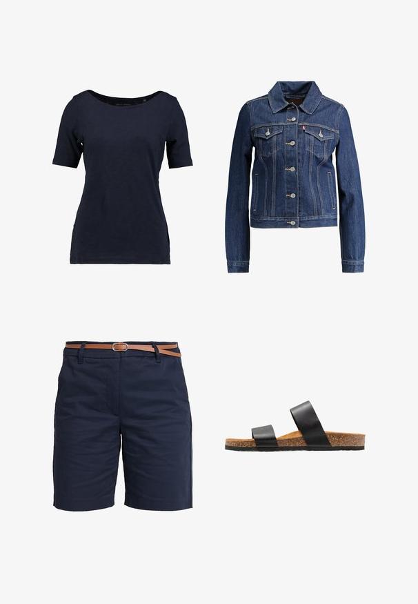 Dunkelblaue Jeansjacke mit Kragen, Knopfleiste und zwei Brusttaschen. Mit gelben Nähten und einem kürzeren Design.; Kragenloses T-Shirt aus Baumwolle in Marineblau mit kurzen Ärmeln. Es verfügt über einen U-Boot-Ausschnitt und einen lockeren Schnitt mit seitlichen Schlitzen für mehr Bewegungsfreiheit.; Navy Baumwollshorts mit glatter Textur, ausgestattet mit einem braunen Leder-Gürtel und einem klassischen geraden Schnitt. Keine sichtbaren Muster oder Verzierungen.; Schwarze Leder-Schlafsandalen mit zwei breiten Riemen und einem Korkfußbett. Verfügt über eine strukturierte Sohle für guten Halt und ein flaches, offenes Design.