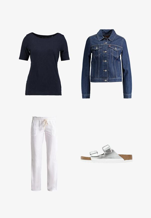 Dunkelblaue Jeansjacke mit Kragen, Knopfleiste und zwei Brusttaschen. Mit gelben Nähten und einem kürzeren Design.; Kragenloses T-Shirt aus Baumwolle in Marineblau mit kurzen Ärmeln. Es verfügt über einen U-Boot-Ausschnitt und einen lockeren Schnitt mit seitlichen Schlitzen für mehr Bewegungsfreiheit.; Weiße Leinenhosen mit lockerer Passform, elastischem Bund und Kordelzug. Mit zwei Fronttaschen und einer glatten Textur.; Silberne metallische Sandale mit zwei verstellbaren Riemen, Korkfußbett und weißer Sohle. Glatte Oberfläche mit glänzendem Finish.