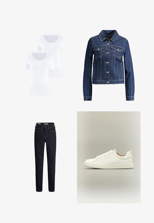Dunkelblaue Jeansjacke mit Kragen, Knopfleiste und zwei Brusttaschen. Mit gelben Nähten und einem kürzeren Design.; Zwei weiße kurzärmelige T-Shirts mit rundem Halsausschnitt, aus weichem Baumwollstoff, mit glatter Textur und schlichtem Design.; Dunkelblaue Jeans mit geradem Schnitt, ausgestattet mit Fronttaschen, einem Reißverschluss und kontrastierenden golden-gelben Nähdetails.; Weißer Sneaker mit niedrigem Schaft, Schnürsenkeln, perforierten Seitendetails und einem Zuglasche an der Ferse, vor neutralem Hintergrund.