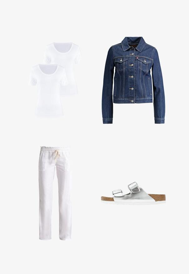 Chaqueta de denim azul oscuro con cuello, cierre de botones y dos bolsillos en el pecho. Presenta costuras amarillas y un diseño corto.; Dos camisetas blancas de manga corta con cuello redondo, hechas de suave tela de algodón, que presentan una textura lisa y un diseño limpio.; Pantalones de lino blancos con un corte relajado, cinturilla elástica y cordón. Cuenta con dos bolsillos delanteros y una textura suave.; Sandalia metálica plateada con dos correas ajustables, planta de corcho y suela blanca. Superficie superior suave con un acabado brillante.