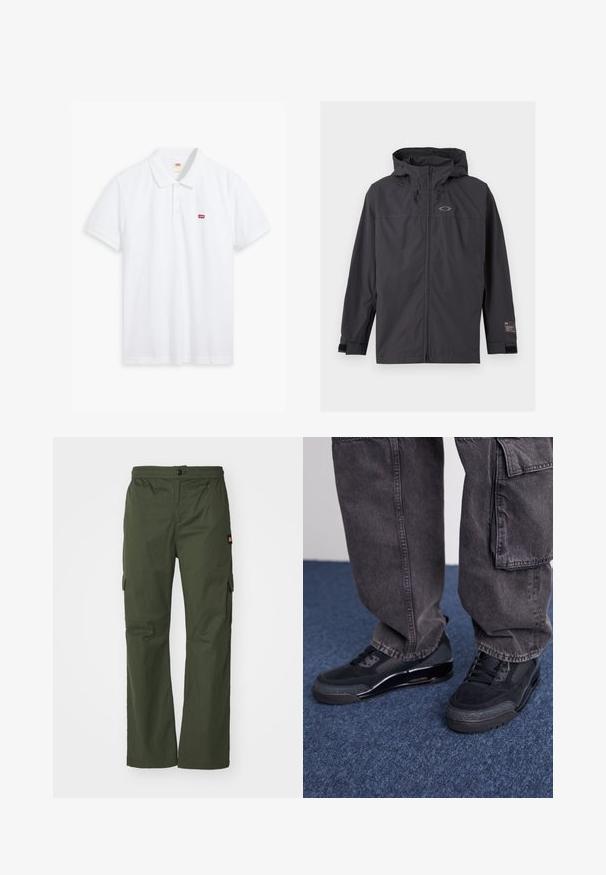 Chaqueta cortaviento negra con capucha, cremallera frontal y correas ajustables en las muñecas, mostrada extendida sobre un fondo claro.; Polo blanco hecho de algodón. Presenta una tapeta de tres botones, mangas cortas y un pequeño logo rojo de Levi's en el lado izquierdo del pecho.; Pantalones cargo de color verde oliva con cierre de botón, cinturilla elástica y bolsillos laterales, hechos de una tela ligera con una textura suave.; Zapatillas deportivas negras con una superficie texturizada, acentos suaves y una suela gruesa, combinadas con pantalones cargo oscuros y holgados.