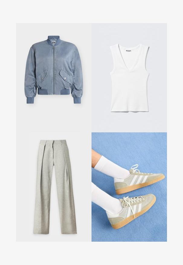 Veste bomber bleu clair avec fermeture éclair à l'avant, deux poches à rabat avec bouton-pression, poignets, col et ceinture côtelés.; Débardeur blanc côtelé sans manches avec col en V, étiquette de la marque WEEKDAY à l'intérieur de l'encolure, posé à plat sur un fond clair.; Pantalon large taille haute en lin gris clair avec plis devant et fermeture éclair dissimulée, présenté sur fond blanc.; Baskets en suède gris clair avec des accents en caoutchouc blanc, arborant trois rayures blanches et une semelle en gomme, portées avec des chaussettes blanches sur un fond bleu.