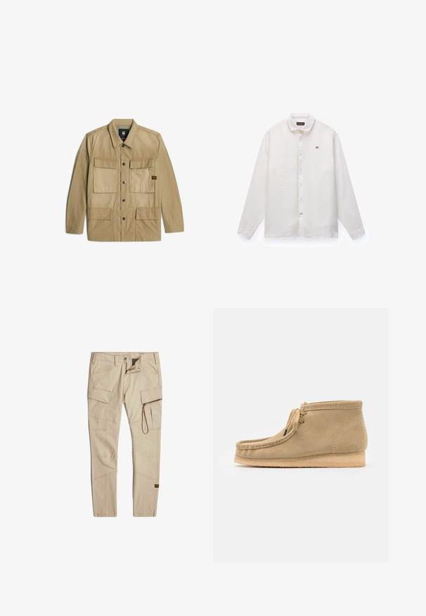 Beige leichte Jacke mit vier Fronttaschen, Druckknöpfen und einem Kragen. Glatte Stoffoberfläche mit leicht matter Optik.; Weißes Hemd mit langen Ärmeln, Knopfleiste und Kragen, mit kleinem rot-weiß-blauem Flaggenlogo auf der linken Brust.; Beige Cargo-Hosen aus leichtem Stoff, mit mehreren Taschen, einer Reißverschlusstasche und verstärkten Nähten. Gerade Passform mit modernem Schnitt.; Beige Wildleder-Stiefeletten mit runder Spitze, flacher Sohle und einfachem Schnürdesign. Verfügt über sichtbare Nähte und eine glatte Textur.