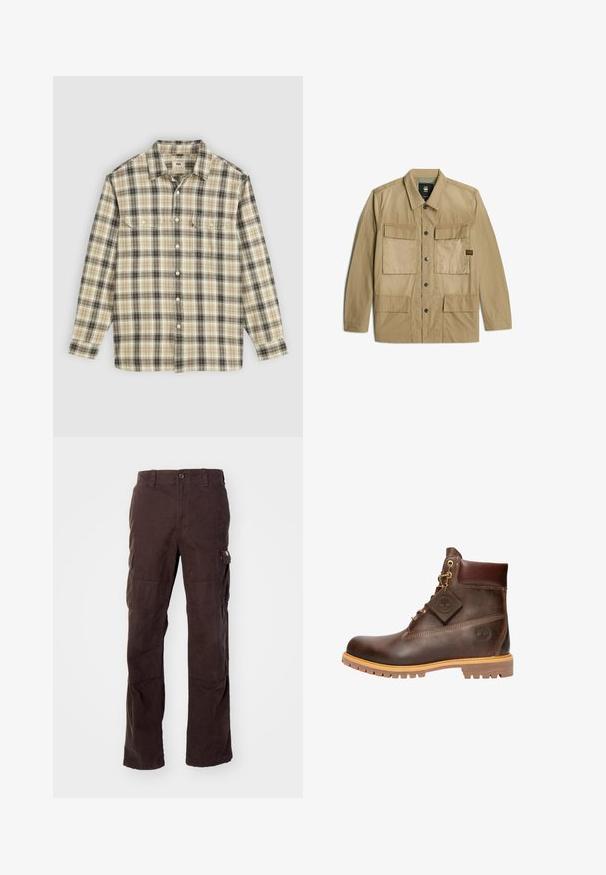 Beige leichte Jacke mit vier Fronttaschen, Druckknöpfen und einem Kragen. Glatte Stoffoberfläche mit leicht matter Optik.; Langärmliges kariertes Hemd aus beigem, schwarzem und braunem Stoff, mit Knopfverschluss, zwei Brusttaschen und klassischem Kragen.; Braune Cargo-Hose aus robustem Baumwollstoff, mit seitlichen Taschen, einer lässigen Passform und geraden Beinen mit sichtbaren Nähten.; Braune Leder-Ankelstiefel mit runder Zehenpartie, robuster Sohle, goldfarbener Hardware und strukturiertem Obermaterial. Enthält ein angehängtes Logo-Tag.